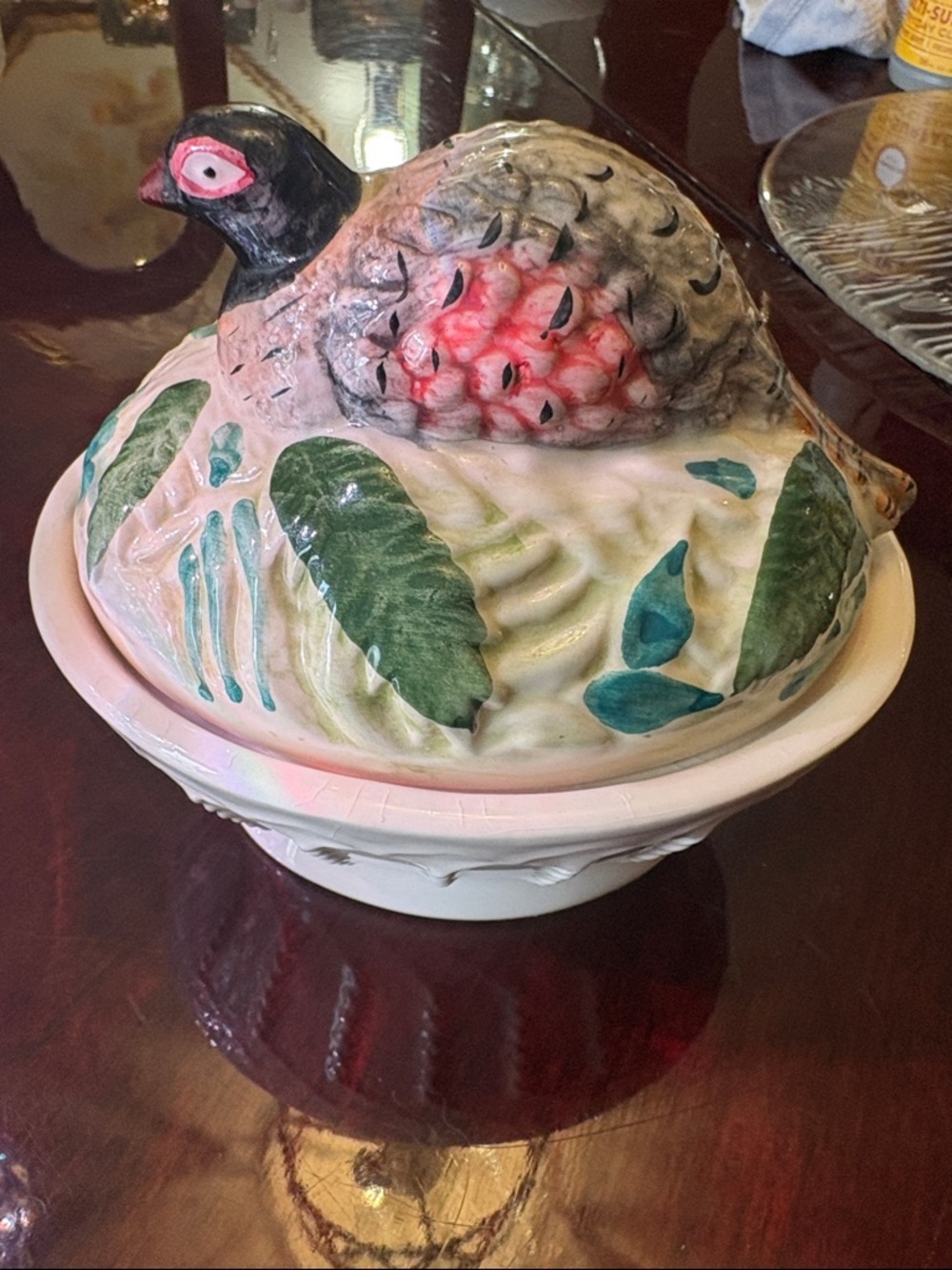 Vintage Hand-Painted Ceramic Bird Tureen in Green, Pink and Black